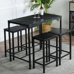 buybyroom Set van 5 marmeren eettafel met 4 barkrukken, 100 x 60 x 90 cm, bartafel met barkruk, keukentafel, keukenstoelen, zwart