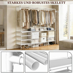 ST Open kledingkast, stabiel, afmetingen 215 × 36 × 170 cm, complete accessoires, met 10 vakken en 2 haken, wit