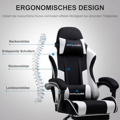 GTPLAYER Gaming stoel, stof, bureaustoel, massage gamingstoel, ergonomische gamerstoel met voetensteun, gevoerde gamingstoel, draaistoel, 150 kg, wit-zwart •