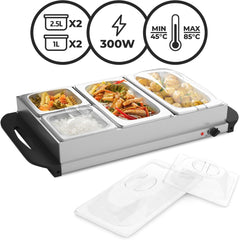 Elektrische buffetwarmer met verwarmingsplaatfunctie, set selectie, temperatuurregelaar, roestvrij staal, warmhoudapparaat, verwarmingsplaat, warmhoudplaat (1, 2 x 2,5 l + 2 x 1 l)