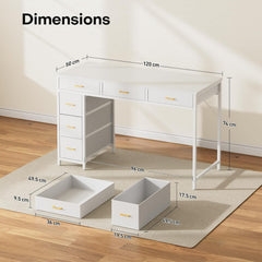 HLDIRECT Computer Bureau met 6 lades, stof, 120 x 50 cm, computerbureau met opbergruimte, computerbureau voor thuiskantoren, slaapkamers, woonkamers, wit