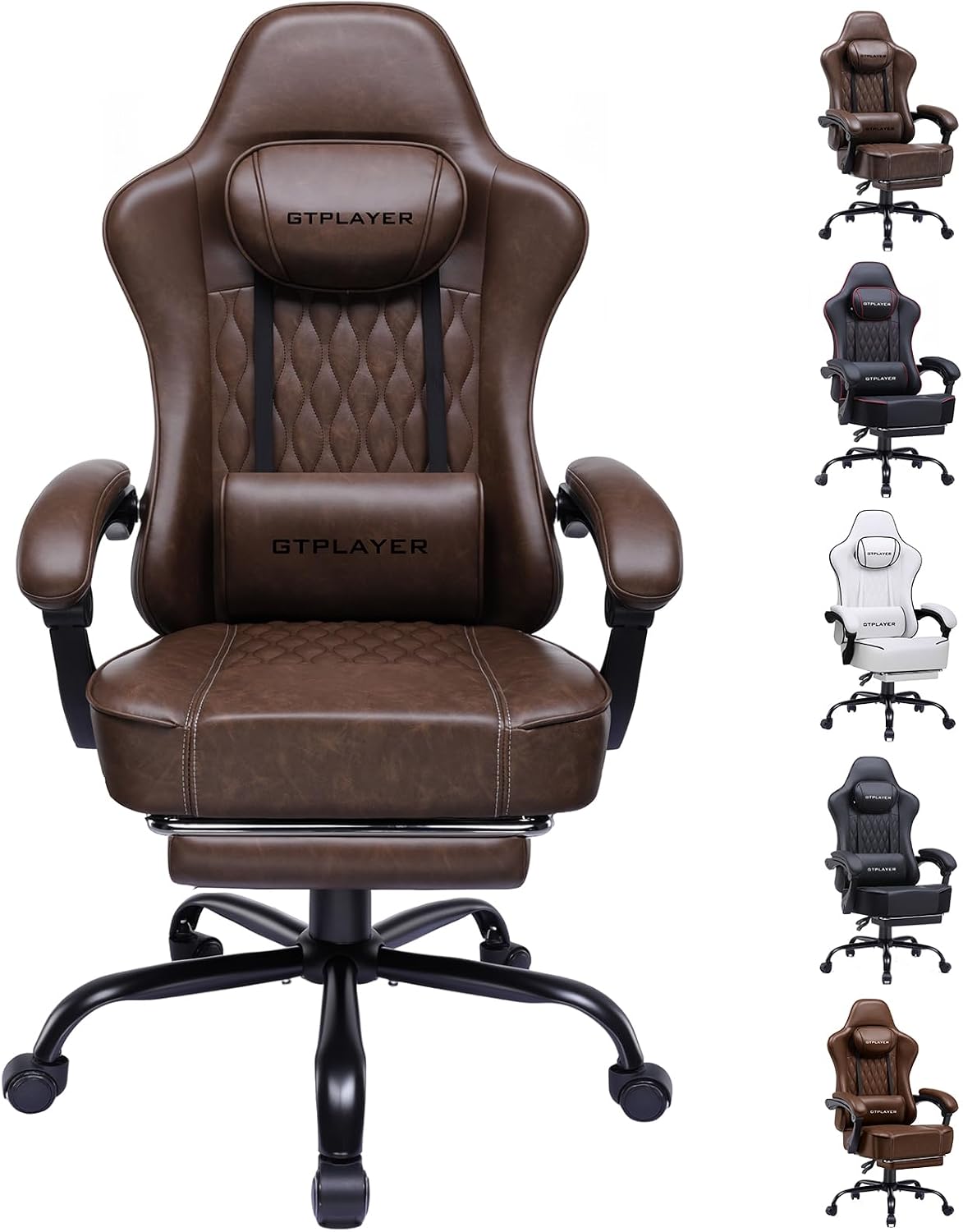 GTPLAYER Gamingstoel, bureaustoel, ergonomische pc-stoel, in hoogte verstelbare draaistoel, armleuningen met synchroon mechanisme, lendenkussen, hoofdkussen en extra dikke zitting, kunstleer