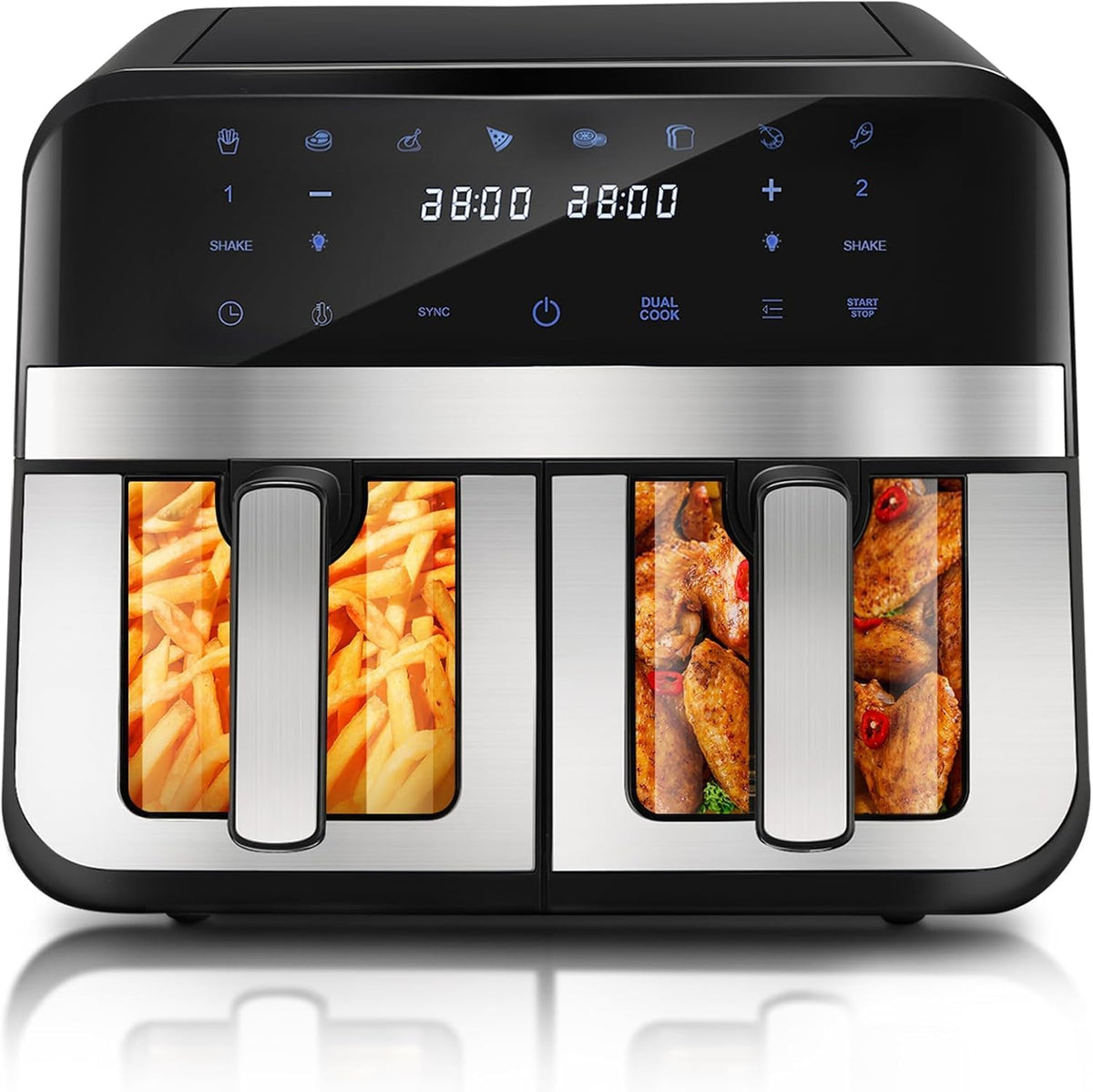 Dual Zone heteluchtfriteuse met kijkvenster, 9 l XL capaciteit, dubbele airfryer, 2 laden, 8-in-1 kookspecificaties, touchscreen, smart en timerfunctie, gezonde friteuse zonder olie en vetarm koken.