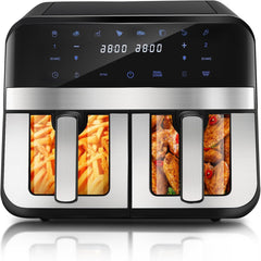Dual Zone heteluchtfriteuse met kijkvenster, 9 l XL capaciteit, dubbele airfryer, 2 laden, 8-in-1 kookspecificaties, touchscreen, smart en timerfunctie, gezonde friteuse zonder olie en vetarm koken.