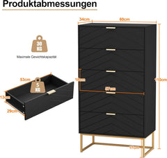 UEV Commode met 5 laden, ladekast smal 60x34x110cm, met kantelbeveiliging en metalen voet, zwart