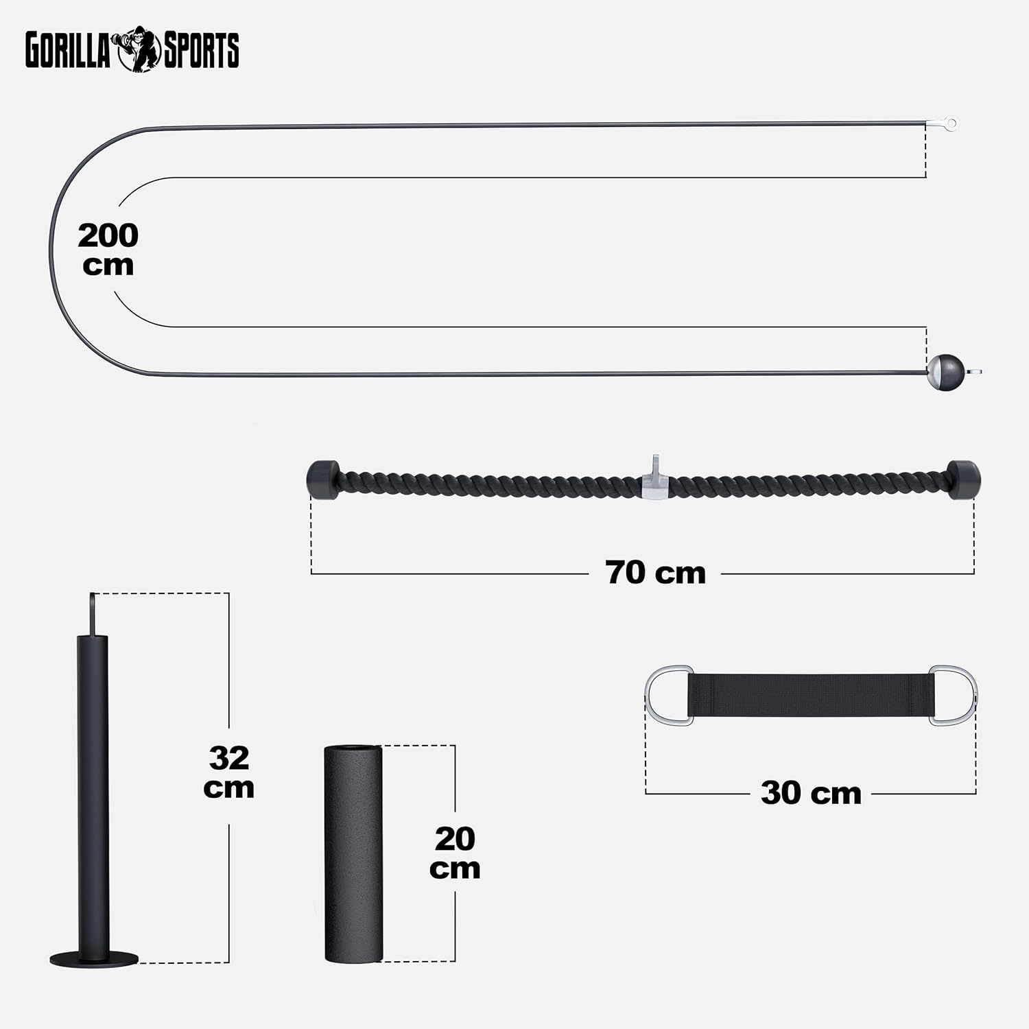 GORILLA SPORTS® Kabelkabel, fitnesssysteem, 2 m stalen kabel, katrol, triceps-touw, Olympische laadstift, halterschijfhouder, tot 150 kg, zwart - kabelaccessoires, home gym apparatuur