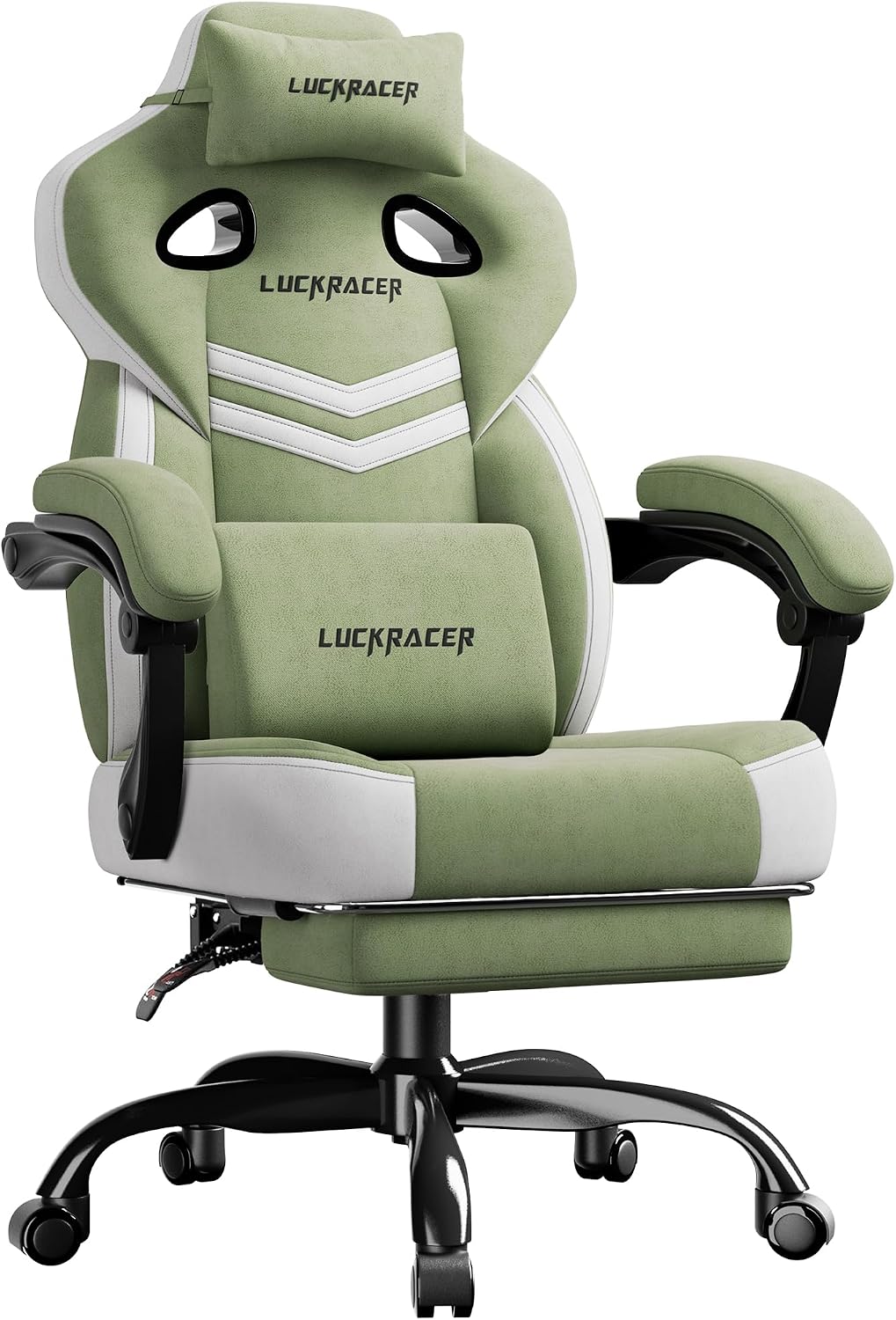 LUCKRACER Gamingstoel, stof, bureaustoel met verbonden armleuningen, traagschuimkussen, 90-155° hellingshoek en voetensteun, duurzaam functioneel weefsel, groen