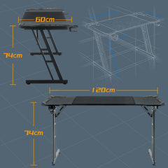 NAIZY Gamingtafel, 120 x 60 cm, zwart, bureau, koolstofvezelplaat, gamer, computertafel, ergonomische pc-tafel met draadgat en led