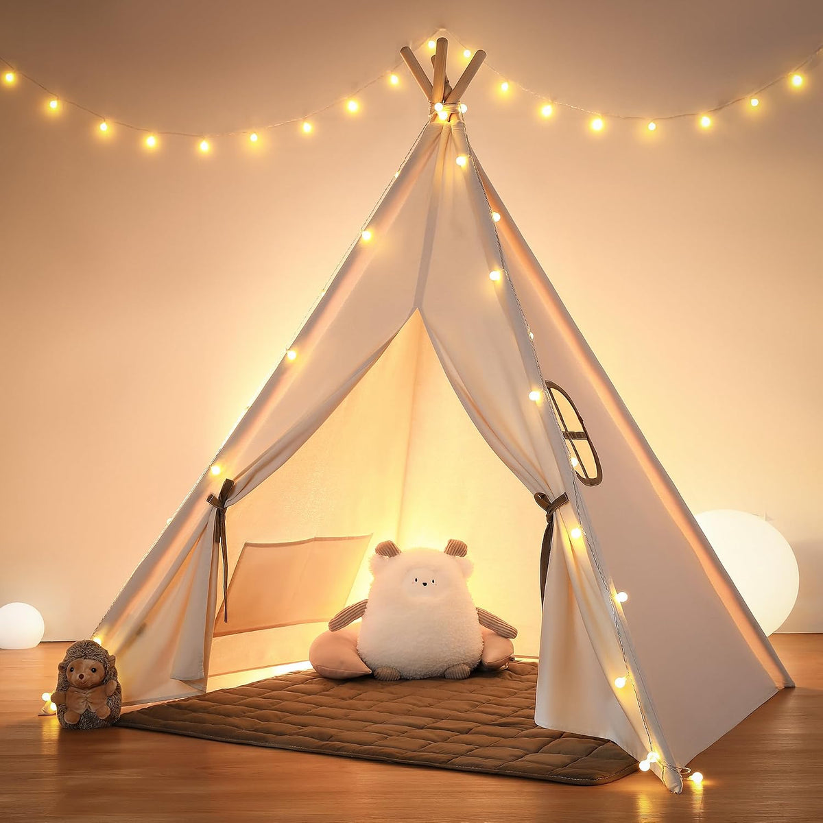 besrey Tipi-tent voor kinderen, tippi-kindertent van katoen | Kindertent inclusief verlichting en gevoerde en antislip mat, beige