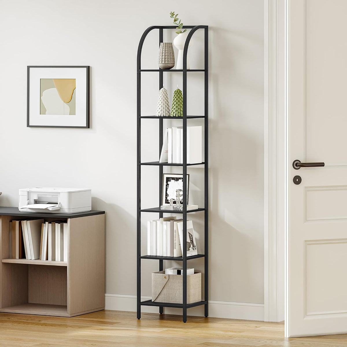 Hzuaneri Plank, boekenkast, 6 niveaus staand rek, dvd-plank, smalle planken, industriële stijl kantoorplank, metalen frame voor woonkamer, slaapkamer, keuken, zwart BC56004B