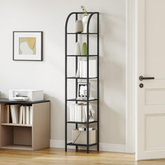 Hzuaneri Plank, boekenkast, 6 niveaus staand rek, dvd-plank, smalle planken, industriële stijl kantoorplank, metalen frame voor woonkamer, slaapkamer, keuken, zwart BC56004B