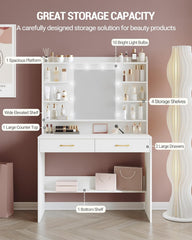 Hzuaneri Make-uptafel met spiegel, make-uptafel met legplanken en 2 laden, voor slaapkamer en woonkamer, verstelbare helderheid, 40 x 100 x 149 cm, wit DT38703X