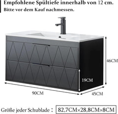 UEV Wastafelonderkast hangend 90cm breed, onderkast, zwart, badkamerkast met 2 laden, badkamermeubel voor gasten, toilet, badmeubelset voor badkamer, zonder wastafel