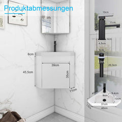 UEV Wastafel met onderkast hangend, gasten-wc wastafel, hoekkast voor badkamer, wastafelonderkast, badkamerkast, hangende wastafel, badkamermeubelset voor badkamer, wit
