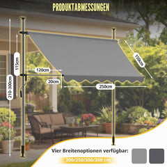 Verdego Klemluifel, 250 x 120 cm, luifel voor balkon, zonder boren, met handslinger, zonwering, waterafstotend, uv-bestendig, in hoogte verstelbaar, balkonluifel om te klemmen, voor terras en tuin