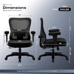 Grote Bureaustoel, ergonomische bureaustoel met 4-voudig verstelbare lendensteun, dikker zitkussen, 2D-armleuningen, schommelfunctie, stabiele, comfortabele computerstoel met mesh-bekleding.
