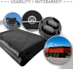 Jago® Afdekzeil, 650 g/m², 4x5 m zwart, waterdicht en scheurvast, met oogjes, kleurkeuze, pvc-beschermend zeil, vrachtwagenzeil, geweven zeil,
