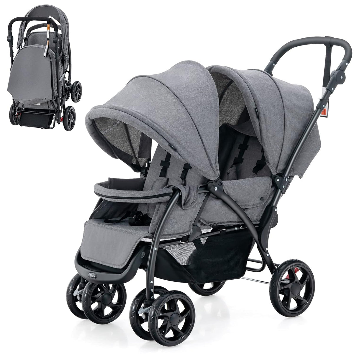 COSTWAY Broer en zussenwagen, inklapbaar, dubbele wagen met verstelbare rugleuning en kap, reisbuggy met ligfunctie, dubbele buggy voor baby's vanaf 6 maanden, 30 kg belastbaar (grijs)