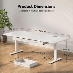 HLDIRECT Elektrisch sta-bureau, extra groot, in hoogte verstelbare tafel met uitgangen, zit-sta-computertafel met laden voor thuiskantoor, ergonomische stijgende werkplek, 200 x 80 cm, wit •