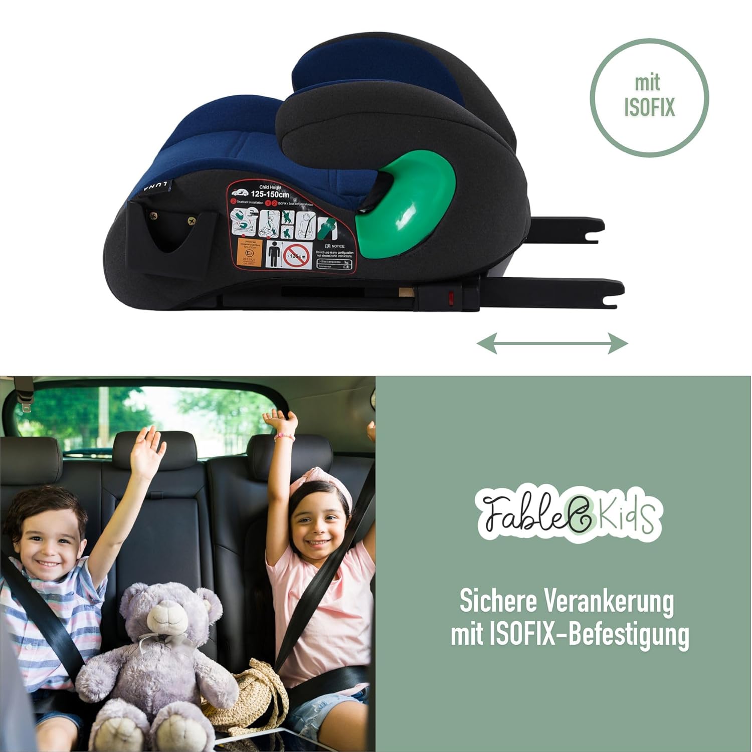 FableKids Zitverhoging auto kinderen Isofix | 3-punts veiligheidsgordel | kinderzitverhoging tot ca. 12 jaar | autostoel voor kinderen 125-150 cm met bekerhouder | ECE R129/03 | blauw