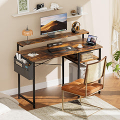 HLONONE Bureau, computertafel met led en monitorstandaard, pc-tafel met 2 planken en opbergtas voor werkkamer en slaapkamer, 100 x 48 x 74 cm, stabiel metalen frame, vintage bruin