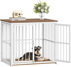 Fobyfurny Hondenbench Meubel, 80 cm Houten Hondenbench met 3 Deuren en Verstelbare Zijdeur, 80 x 60 x 70 cm, Eindtafel Voor Kleine tot Middelgrote Honden, Hondenbench Voor Binnen, Bruin en Wit