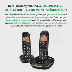 Doro PhoneEasy 105wr Duo draadloze telefoon met handset incl. oplader zwart, 380104 •