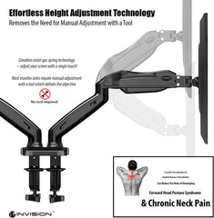 Invision Dubbele PC Monitor Arm Beugel voor 17-27" Schermen - Ergonomische Hoogte-Assistentie Full Motion Desktop Klem Mount Verstelbare Kantelen en Draaien VESA 75mm & 100mm Gewicht 2-6,5kg (MX300)