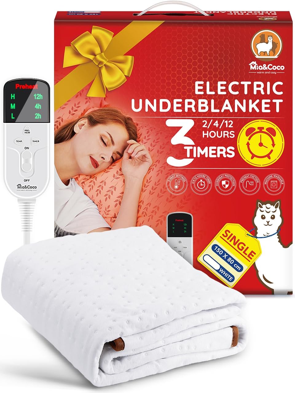 Mia&Coco Elektrische deken met automatische uitschakeling, 150 x 80 cm, warmtedeken met 12-uurs timer en 3 warmtestanden, led-display, oververhittingsbeveiliging, warmtedeken voor gangbare matrassen