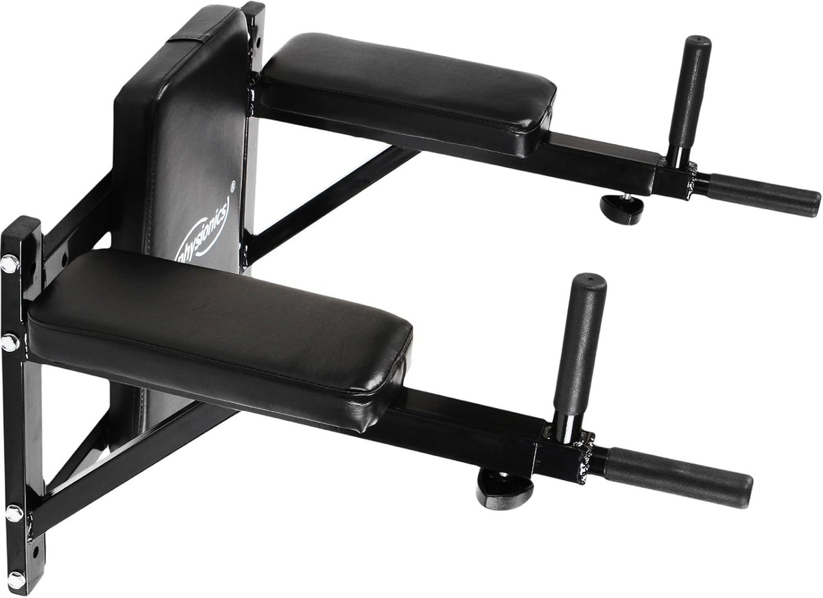 Physionics® Dip-station - voor wandmontage, 4 antislip handgrepen, verstelbaar, met bekleding van kunstleer - dipstangen, rugtrainer, buiktrainer