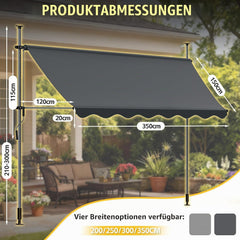 Verdego Klemluifel, 350 x 120 cm, luifel voor balkon, zonder boren, met handslinger, zonwering, waterafstotend, uv-bestendig, in hoogte verstelbaar, balkonluifel om te klemmen, voor terras en tuin