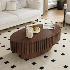 ZUOWENYG Ovale trommelvormige salontafel (Walnoot 110x60cm) Moderne theetafel van gegroefd hout, eigentijdse salontafel voor de woonkamer