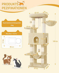 Hzuaneri MS14918YL Krabpaal, 149 cm kattenboom, kattenkrabpaal met 5 krabzuilen, grote platforms, verstophol, meerlaags kattenactiviteitscentrum, pompons, beige