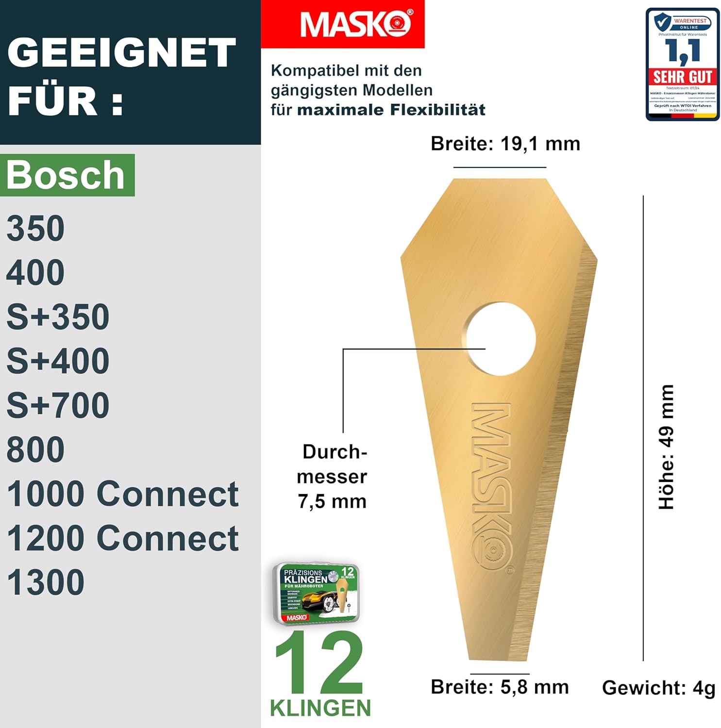 MASKO® Reservemesjes voor robotmaaiers, universeel incl. innovatieve schroeven, reservemessen voor robotmaaier, duurzame titanium coating, compatibel met Bosch, 12 stuks