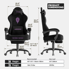 FERGHANA Gamingstoel van fluweelstof - 52 cm breder zitkussen, vuurborduurwerk, ergonomische gamingstoel met hoge rugleuning en voetensteun | Computerstoel met massagefunctie en lendensteun voor volwassenen, zwart