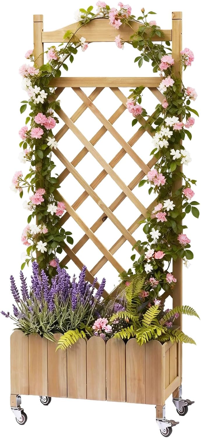 Plantenbak met wieltjes, houten verhoogd bloembed met trellis, weerbestendige plantenbak met drainagegaten, mobiele bloembak voor tuin, balkon en terras, 49 x 28 x 116 cm, lichtbruin