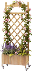 Plantenbak met wieltjes, houten verhoogd bloembed met trellis, weerbestendige plantenbak met drainagegaten, mobiele bloembak voor tuin, balkon en terras, 49 x 28 x 116 cm, lichtbruin