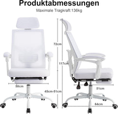 UEV Ergonomische bureaustoel van mesh, bureaustoel met voetensteun, wit