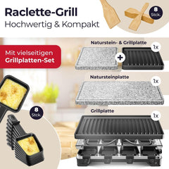 KESSER® Raclette-grill met natuurgrillsteen, grillplaat, tafelgrill voor 8 personen, elektrische grill, raclette grill, grillplaat, anti-aanbaklaag, 8 pannen en houten spatels, 1200 W