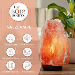 The Body Source Zoutlamp (5-7 kg) met dimschakelaar licht op een houten standaard - nachtlampje incl. 10W gloeilampen en geschenkdoos