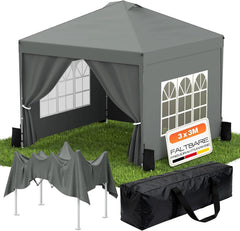 Huracan Paviljoen met zijwanden en zandzakken, vouwpaviljoen, 3 x 3 m, waterdicht, stabiel, winterbestendig, in hoogte verstelbaar, tuinpaviljoen, uv-bescherming, partytent, opvouwbaar, met draagtas