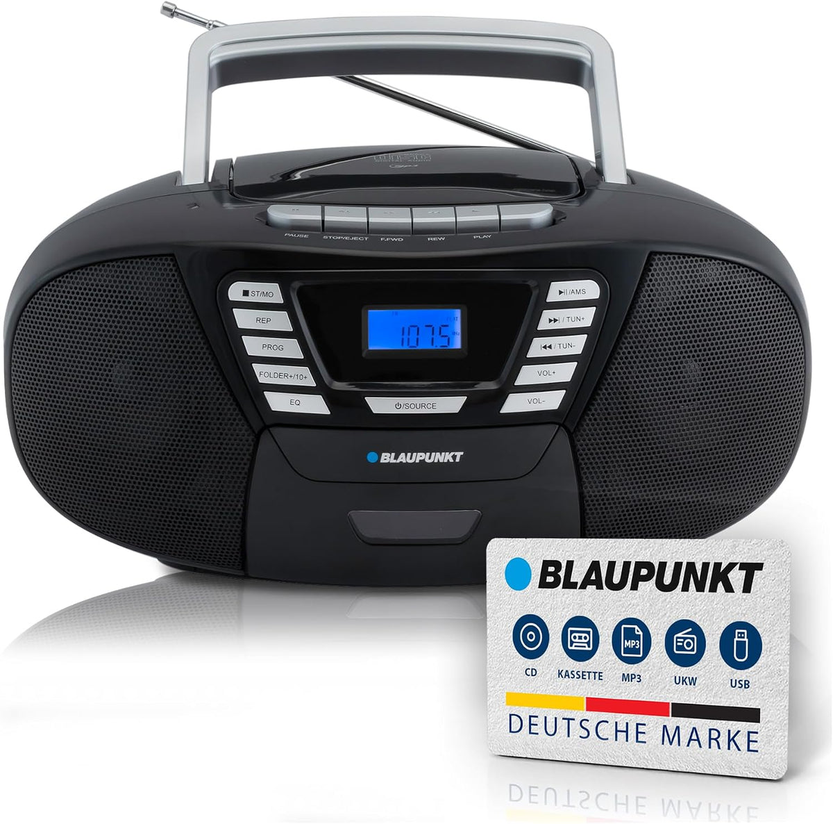 Blaupunkt B 120 BK Draagbare cd-speler met bluetooth, cassetterecorder, audioboek-functie, met USB, klein, AUX-in, PLL FM-radio, met cd-speler, zwart