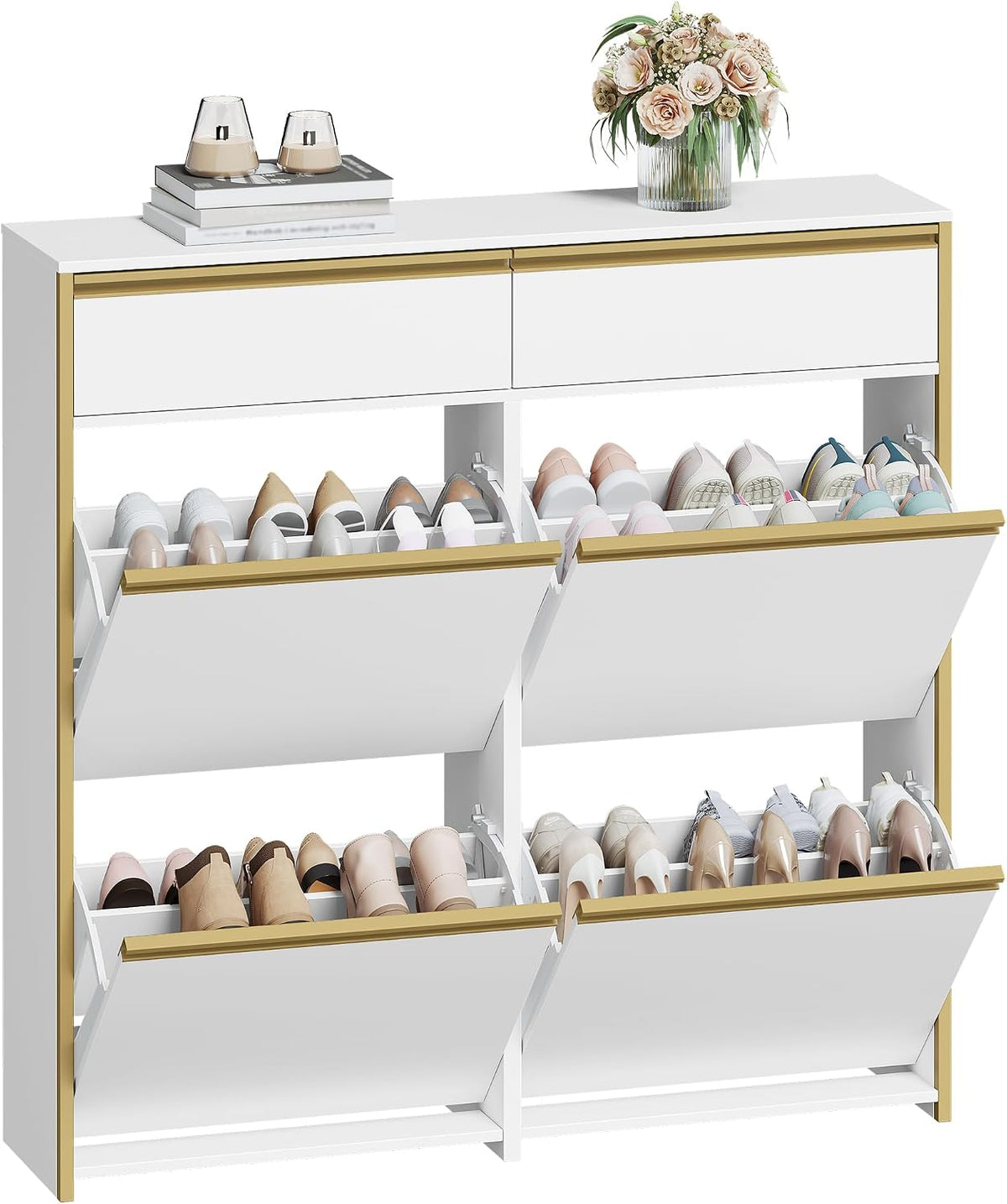 HEXCELEN Schoenenkast met 4 klapdeuren, 2 laden, wit-goud Smalle schoenenkast, schoenenrek, schoenenkast met 8 legplanken, verstelbaar, voor gangen, ingang, 100 x 24 x 99 cm