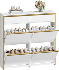 HEXCELEN Schoenenkast met 4 klapdeuren, 2 laden, wit-goud Smalle schoenenkast, schoenenrek, schoenenkast met 8 legplanken, verstelbaar, voor gangen, ingang, 100 x 24 x 99 cm