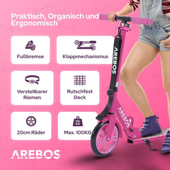 Arebos City Scooter, Hoogteverstelbaar | Opvouwbaar | Inclusief draagriem | XXL wielen | Kickrem | Voor kinderen en volwassenen | Draagvermogen tot 100 kg | Kickstep | Kickstep