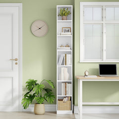 HEXCELEN Boekenkast, 7 niveaus, verticale boekenkast, smalle plank, staand rek, kubusrek, opbergrek, voor kantoor, woonkamer, slaapkamer, 28 × 30 × 208,1 cm, moderne stijl, wit