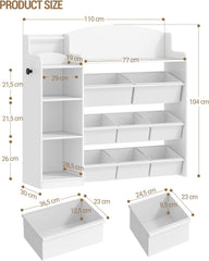 Hzuaneri KB42003W Kinderrek, houten boekenrek, speelgoedrek met 8 stoffen laden, voor kinderkamer, woonkamer, werkkamer, wit, 30 x 110 x 104 cm