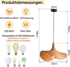 Parrot Uncle Boho rotan hanglamp, 50 x 40 cm, bamboe lampenkap, mand hanglamp, in hoogte verstelbaar, E27-fitting voor eetkamer, woonkamer, slaapkamer, hal (geen gloeilamp) [energieklasse A]