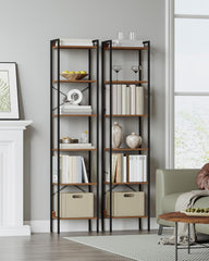 Hzuaneri Boekenplank, Smalle Boekenplank, 6 Lagen, Industriële Boekenplank met 2 Haken, Etagere Hoekplank Opbergorganizer voor Thuiswerkplek, Woonkamer, Slaapkamer, Keuken, Rustiek Bruin