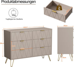 UEV Commode met 6 schuifladen 100x34x73cm opbergkast voor kleding documenten speelgoed veel opbergruimte sideboard smal voor woonkamer slaapkamer kantelbeveiliging eenvoudige montage (moka) | für Kleidung Dokumente Spielzeug, modernes Sideboard schmal mit